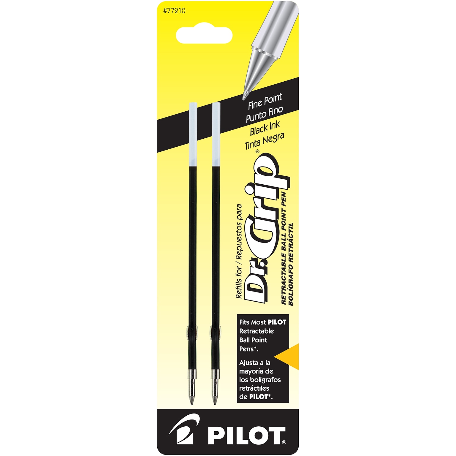 Pilot Dr. Grip Retractable Ballpoint Pen Refill, Fine Tip, Black Ink, 2/Pack (77210)