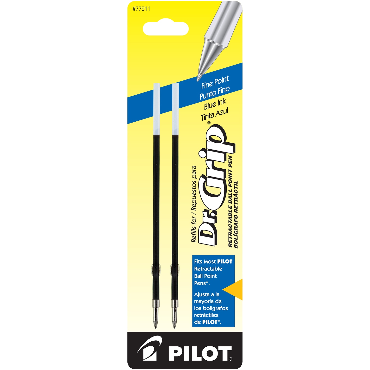 Pilot Dr. Grip Retractable Ballpoint Pen Refill, Fine Tip, Blue Ink, 2/Pack (77211)