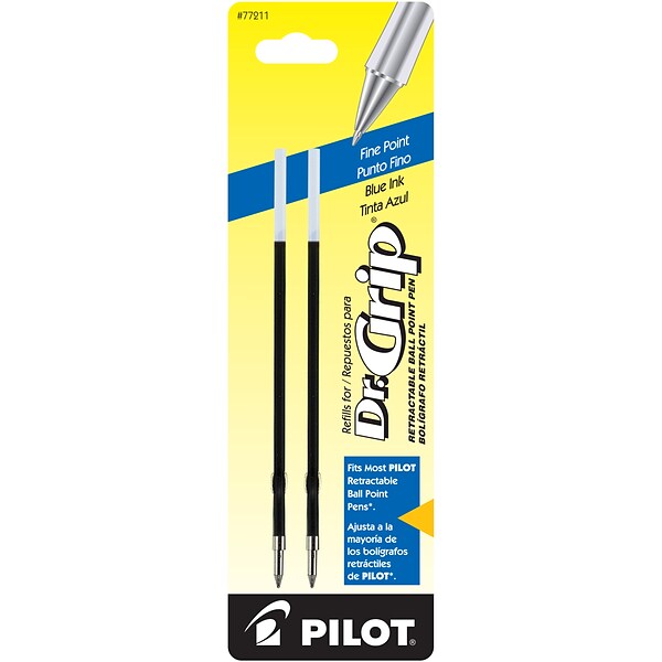 Pilot Dr. Grip Retractable Ballpoint Pen Refill, Fine Tip, Blue Ink, 2/Pack (77211)