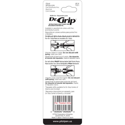 Pilot Dr. Grip Retractable Ballpoint Pen Refill, Fine Tip, Blue Ink, 2/Pack (77211)