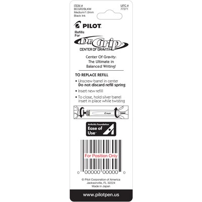 Pilot Dr. Grip Center Of Gravity Ballpoint Pen Refill, Medium Tip, Black Ink, 2/Pack (77271)