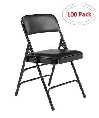 NPS 1300 Series Premium Vinyl Upholstered Triple Brace Double Hinge Folding Chair, Black, 100 Pack (