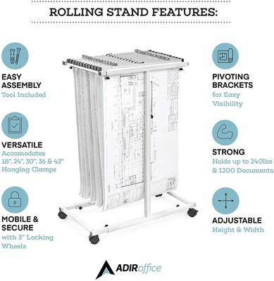 AdirOffice Steel Mobile Vertical Large File Storage Plan Center For Blueprints, White (614-WHI)