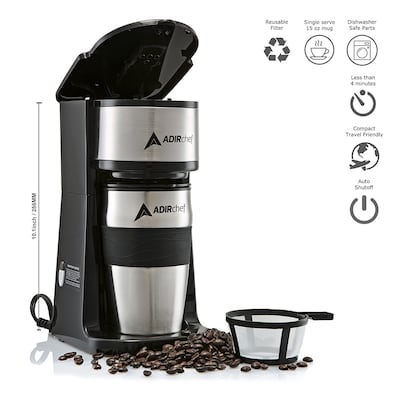AdirChef Grab N Go Personal Coffee Maker with 15 oz. Travel Mug, Black (800-01-BLK)