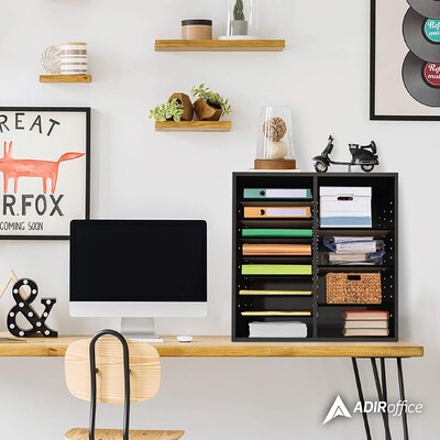 Adiroffice Wood Black Adjustable 16 Compartment Literature Organizer (500-16-BLK)