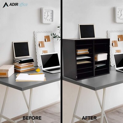 Adiroffice Wood Black Adjustable 16 Compartment Literature Organizer (500-16-BLK)