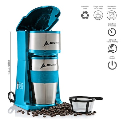 Adirchef Grab N Go Personal Coffee Maker with 15 oz. Travel Mug, Crystal Blue (800-01-CRB)
