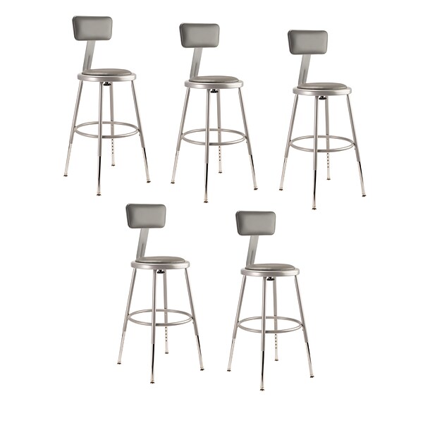 NPS 6400 Series Armless Vinyal Height Adjustable Padded 18 Inch Stool with Backrest, Gray , 5 Pack (6418HB/5)
