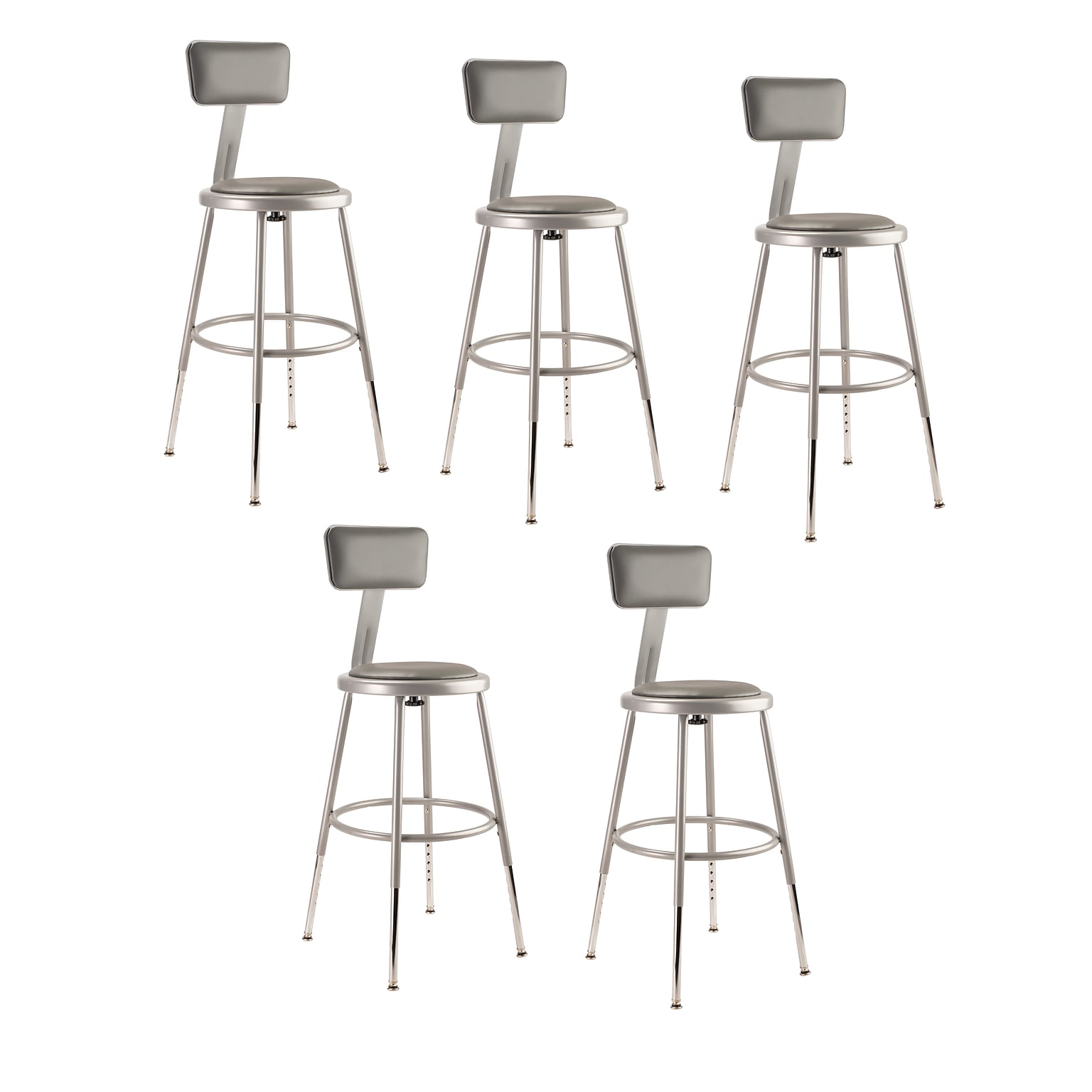 NPS 6400 Series Armless Vinyl Height Adjustable Padded 18 Inch Stool with Backrest, Gray , 5 Pack (6418HB/5)