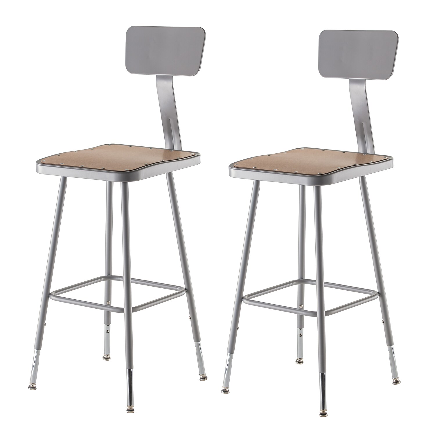 NPS 6300 Series Armless Wood 24 Height Adjustable Square Stool w/ Backrest, Gray, 2/Pack (6324HB/2)