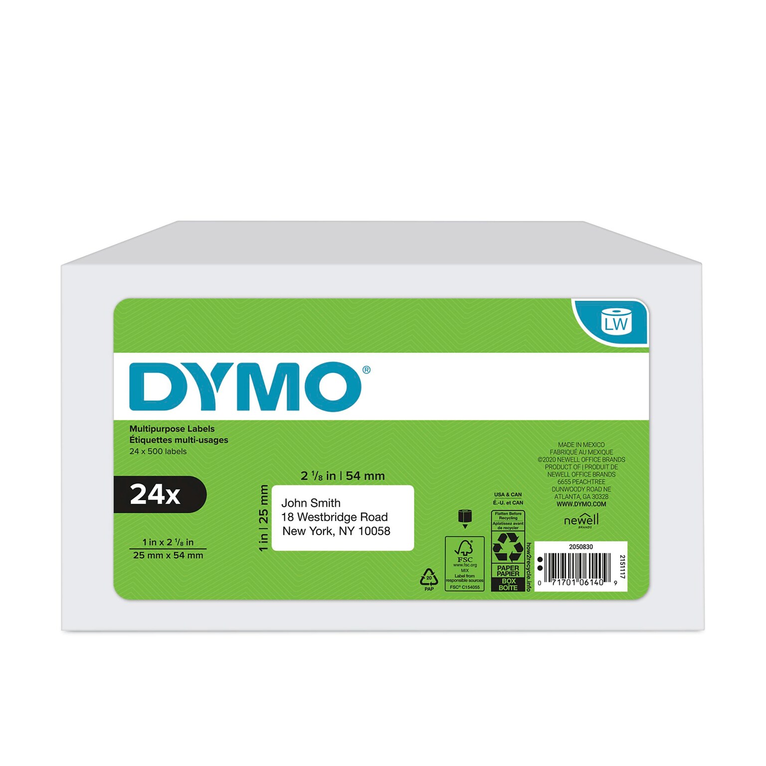 DYMO LabelWriter 2050830 Multi-Purpose Labels, 2-1/8 x 1, Black on White, 500 Labels/Roll, 24 Rolls/Box (2050830)