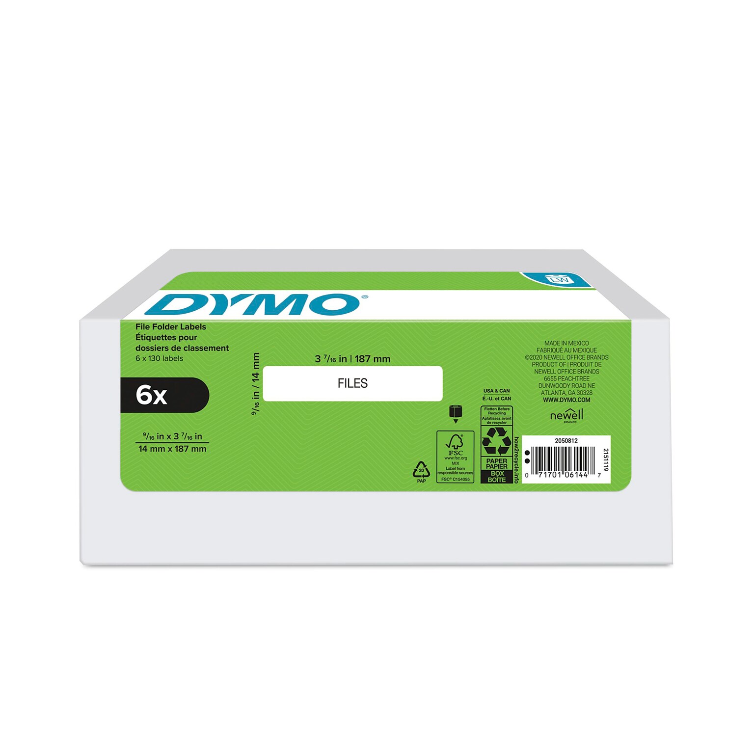 DYMO LabelWriter 2050812 File Folder Labels, 3-7/16 x 9/16, Black on White, 130 Labels/Roll, 6 Rolls/Box (2050812)