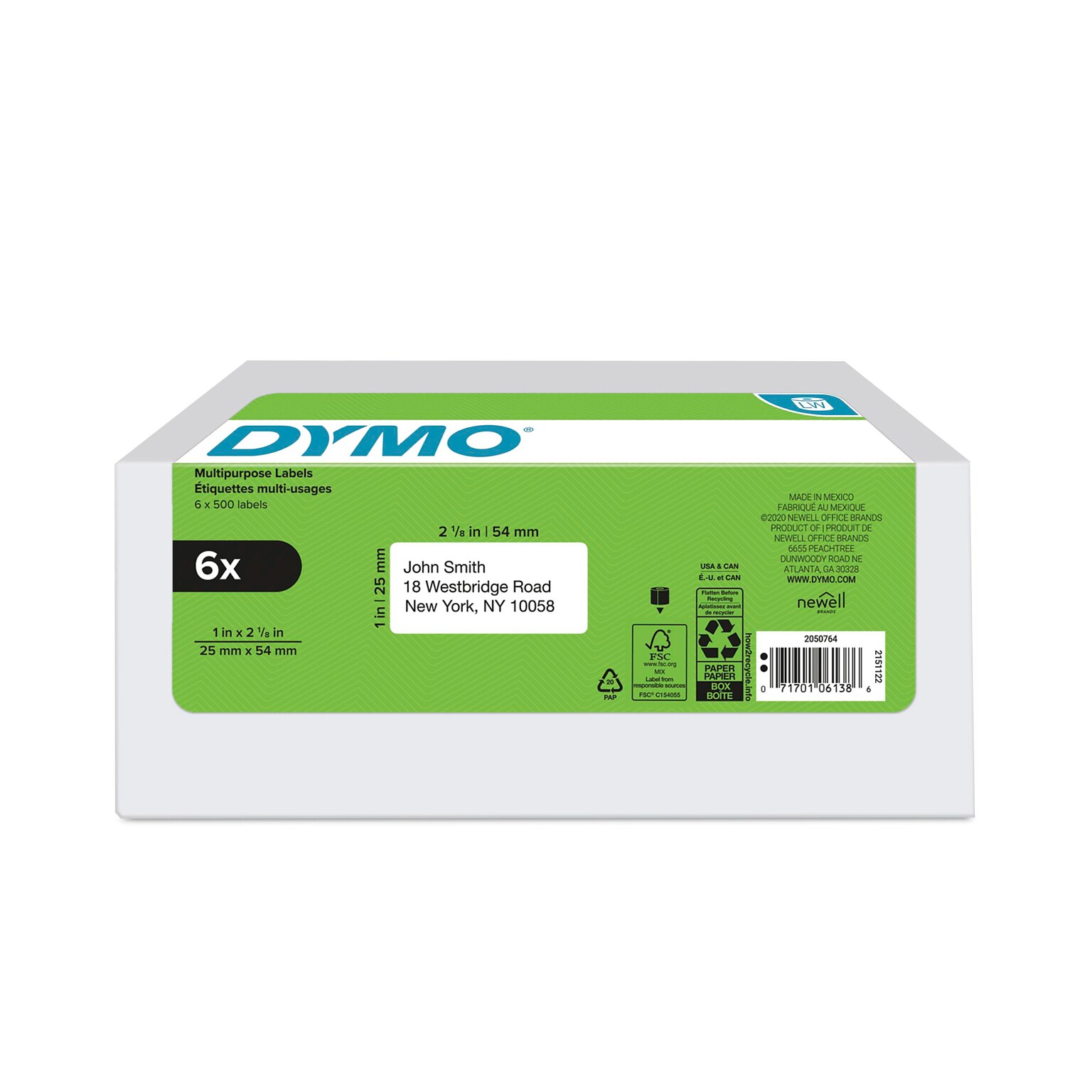 DYMO LabelWriter 2050764 Multi-Purpose Labels, 2-1/8 x 1, Black on White, 500 Labels/Roll, 6 Rolls/Box (2050764)