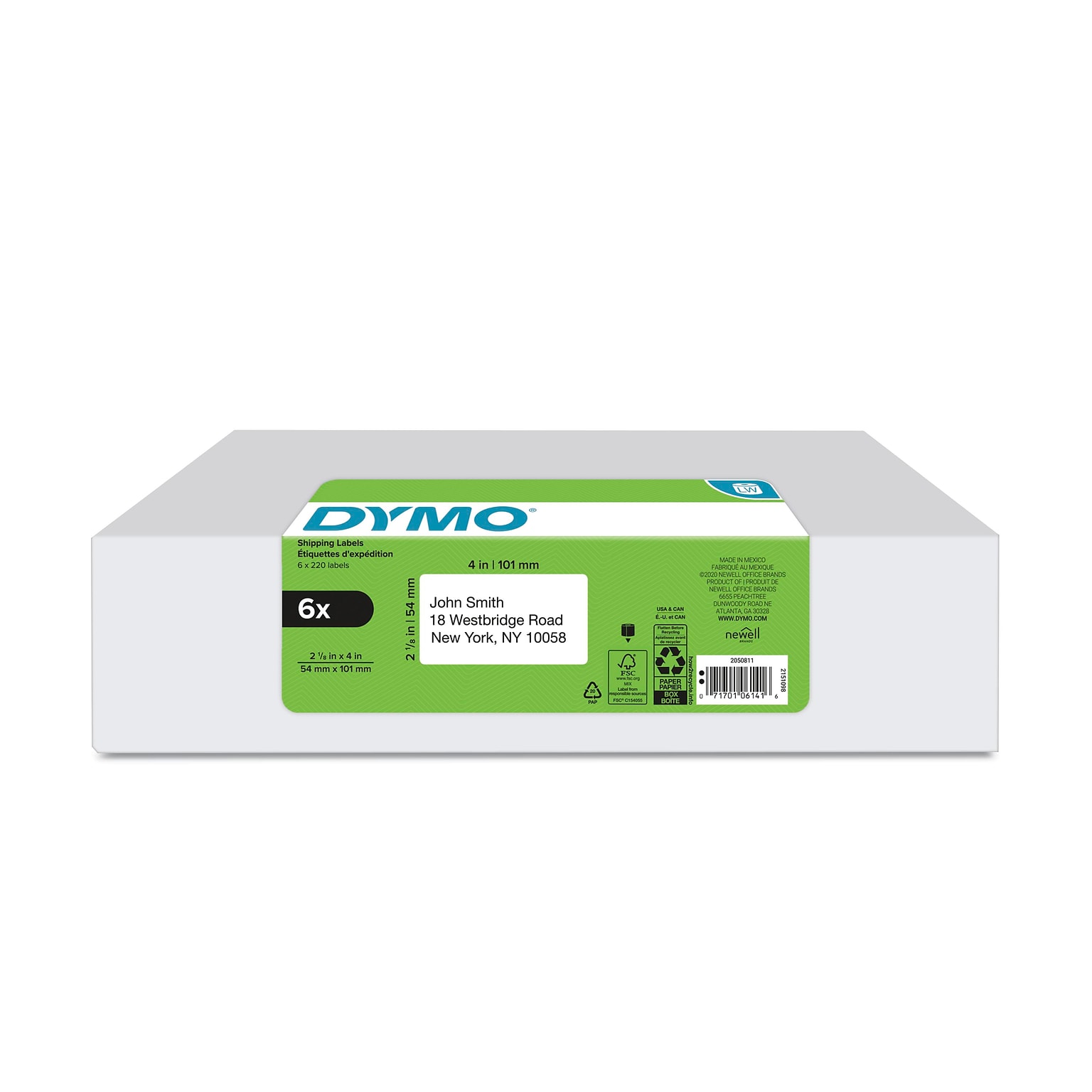 DYMO LabelWriter 2050811 Shipping Labels, 4 x 2-1/8, Black on White, 220 Labels/Roll, 6 Rolls/Box (2050811)