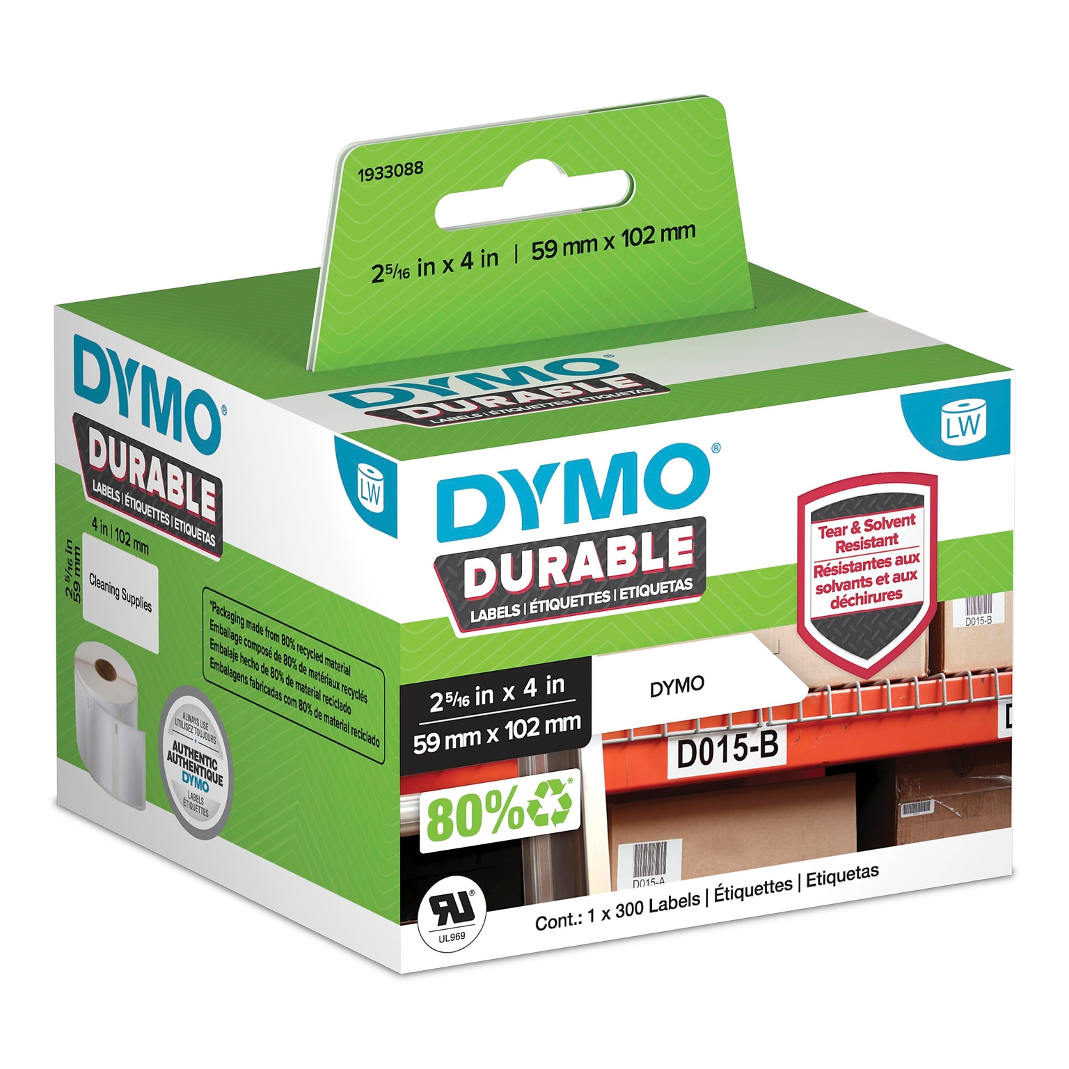 DYMO LabelWriter 1933088 Durable Industrial Labels, 4 x 2-5/16, Black on White, 300 Labels/Roll (1933088)