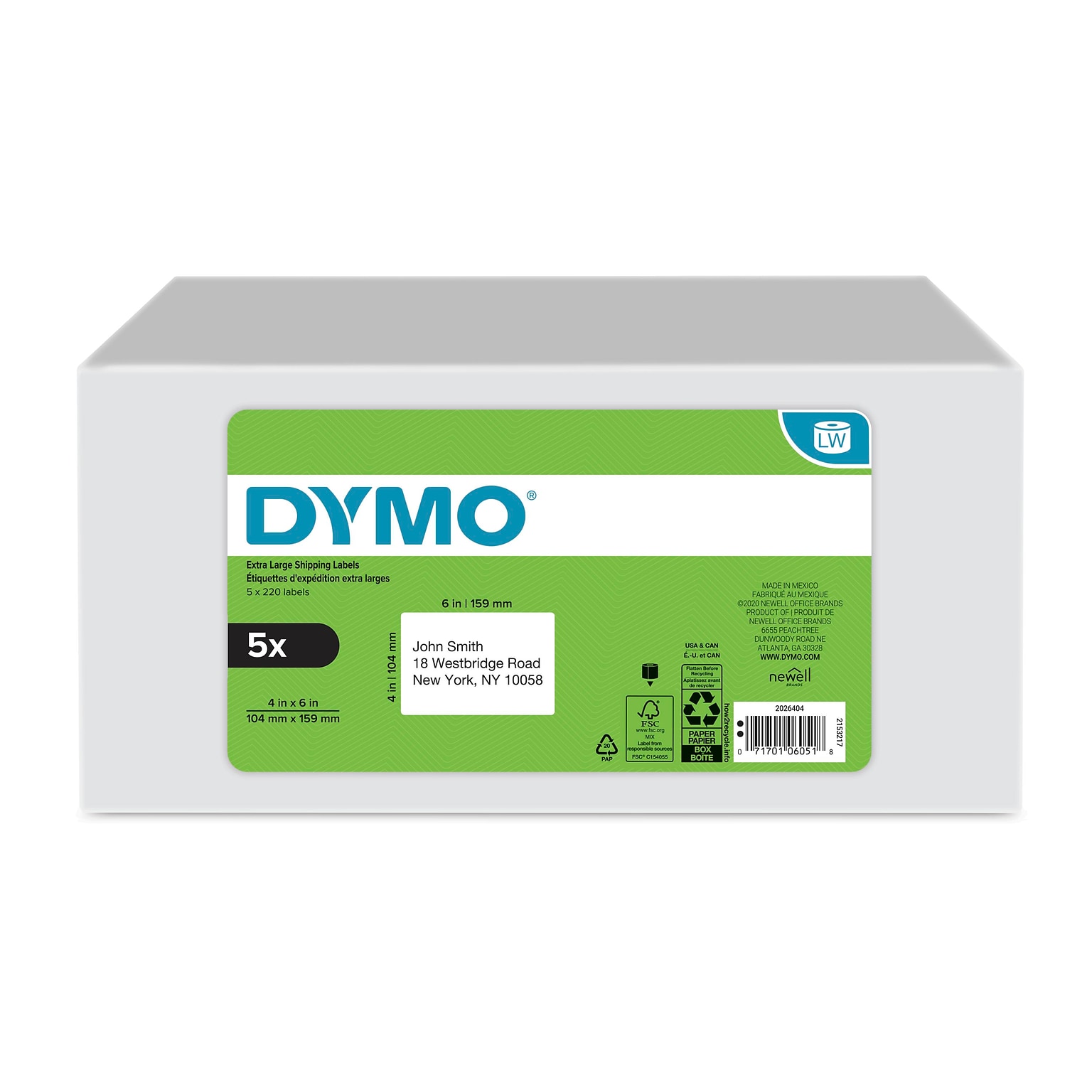 DYMO LabelWriter 2026404 Extra Large Shipping Labels, 4 x 6, Black on White, 220 Labels/Roll, 5 Rolls/Pack (2026404)