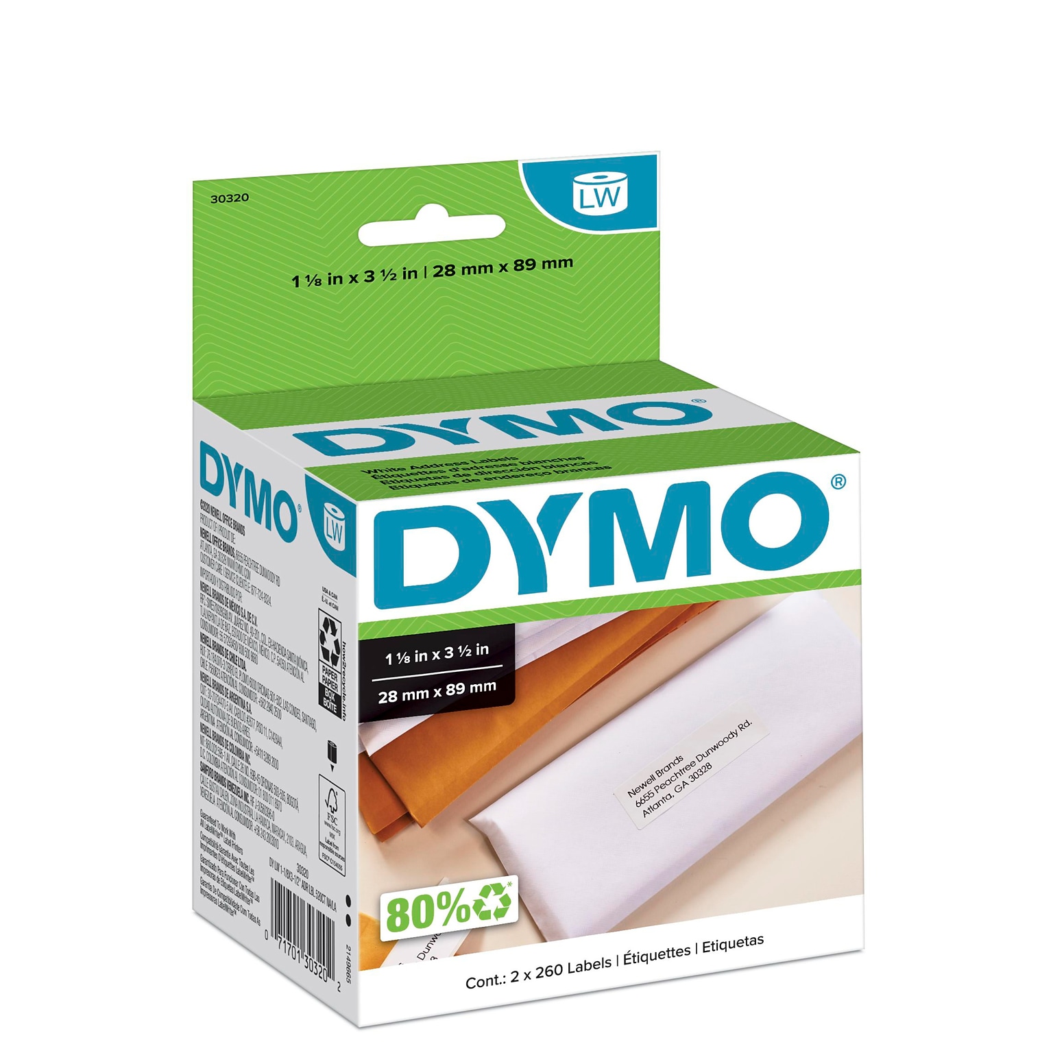 DYMO LabelWriter 30320 Mailing Address Labels, 3-1/2 x 1-1/8, Black on White, 260 Labels/Roll, 2 Rolls/Box (30320)