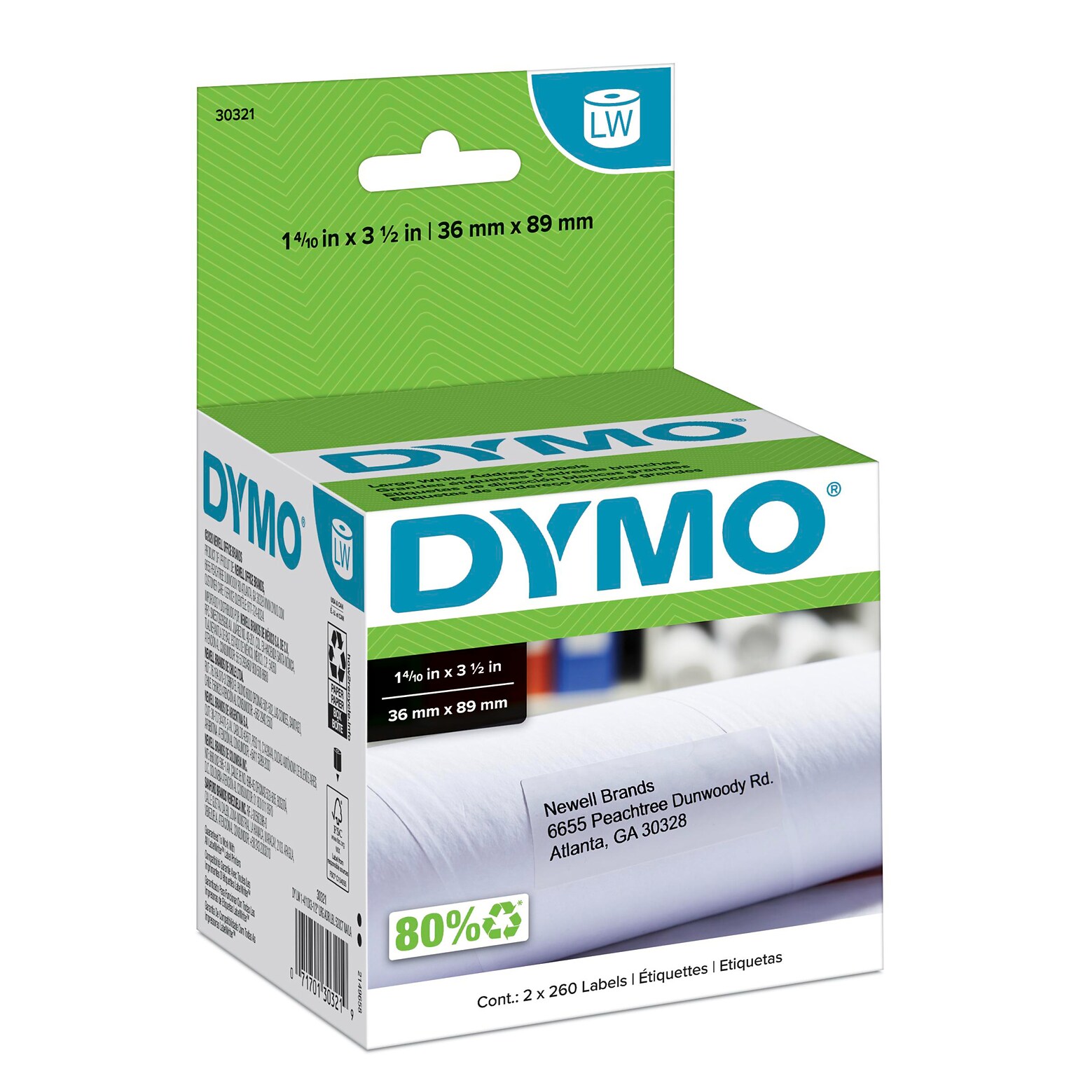 DYMO LabelWriter 30321 Large Mailing Address Labels, 3-1/2 x 1-4/10, Black on White, 260 Labels/Roll, 2 Rolls/Box (30321)