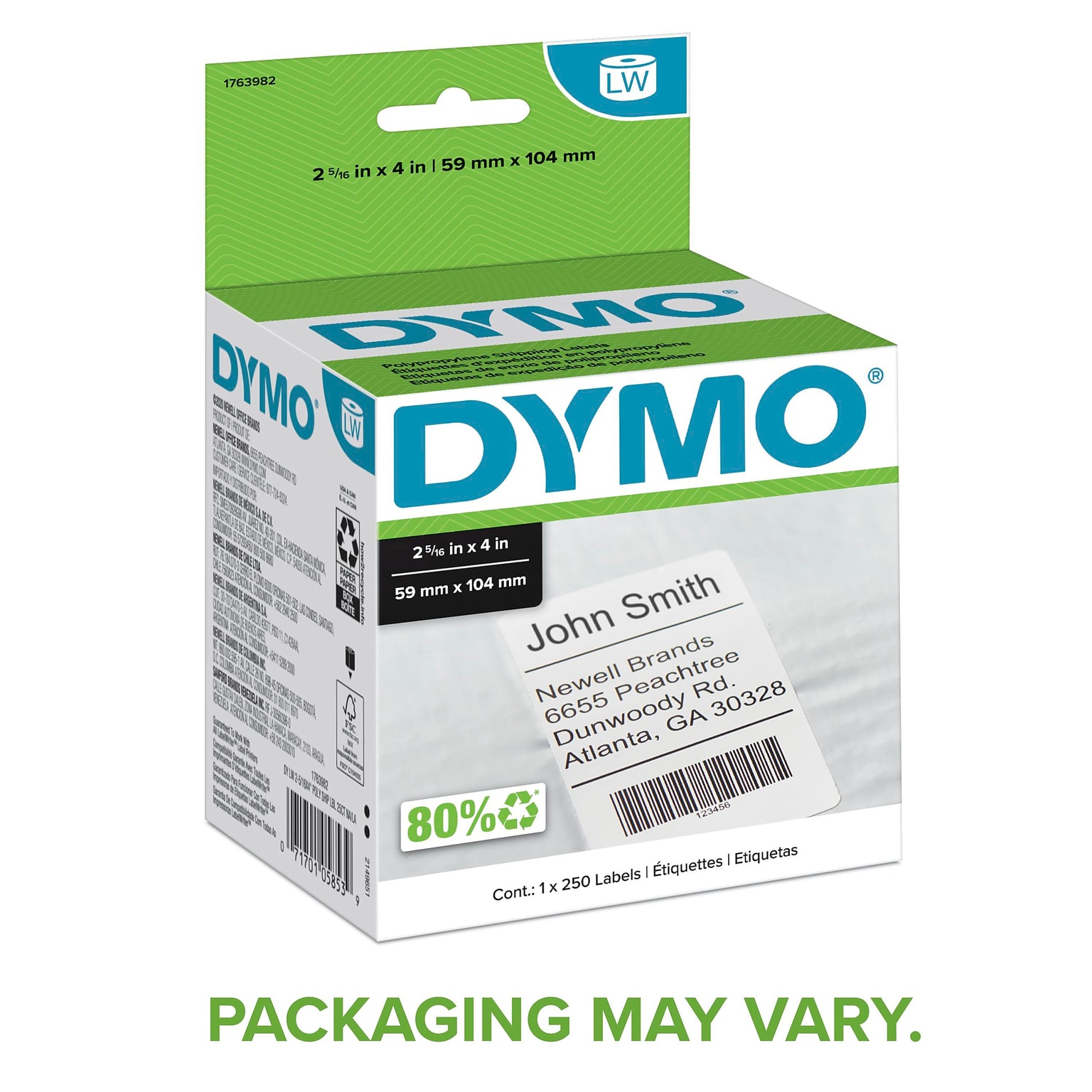 DYMO LabelWriter 1763982 Polypropylene Shipping Labels, 2-5/16 x 4, Black on White, 250 Labels/Roll (1763982)