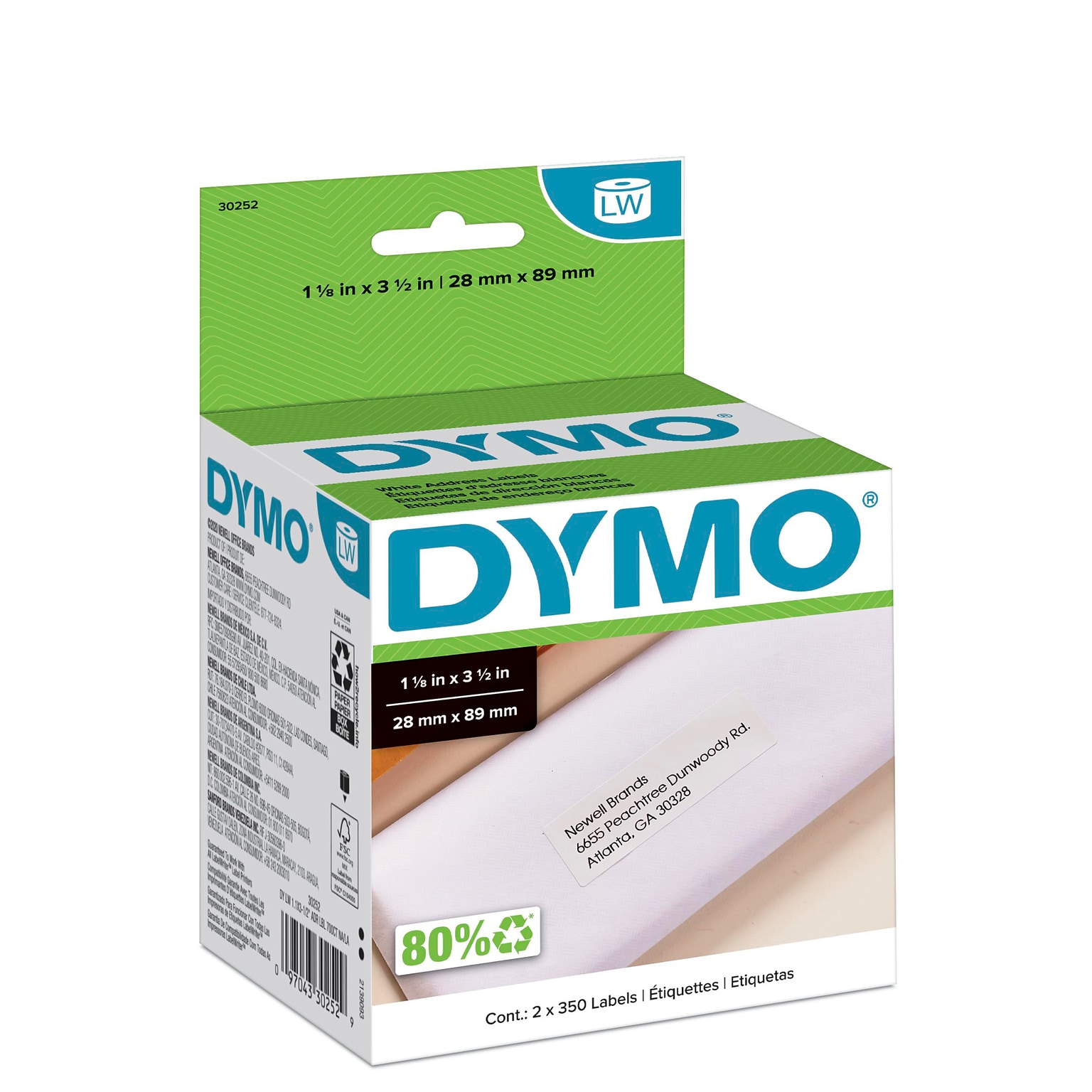 DYMO LabelWriter 30252 Mailing Address Labels, 3-1/2 x 1-1/8, Black on White, 350 Labels/Roll, 2 Rolls/Box (30252)