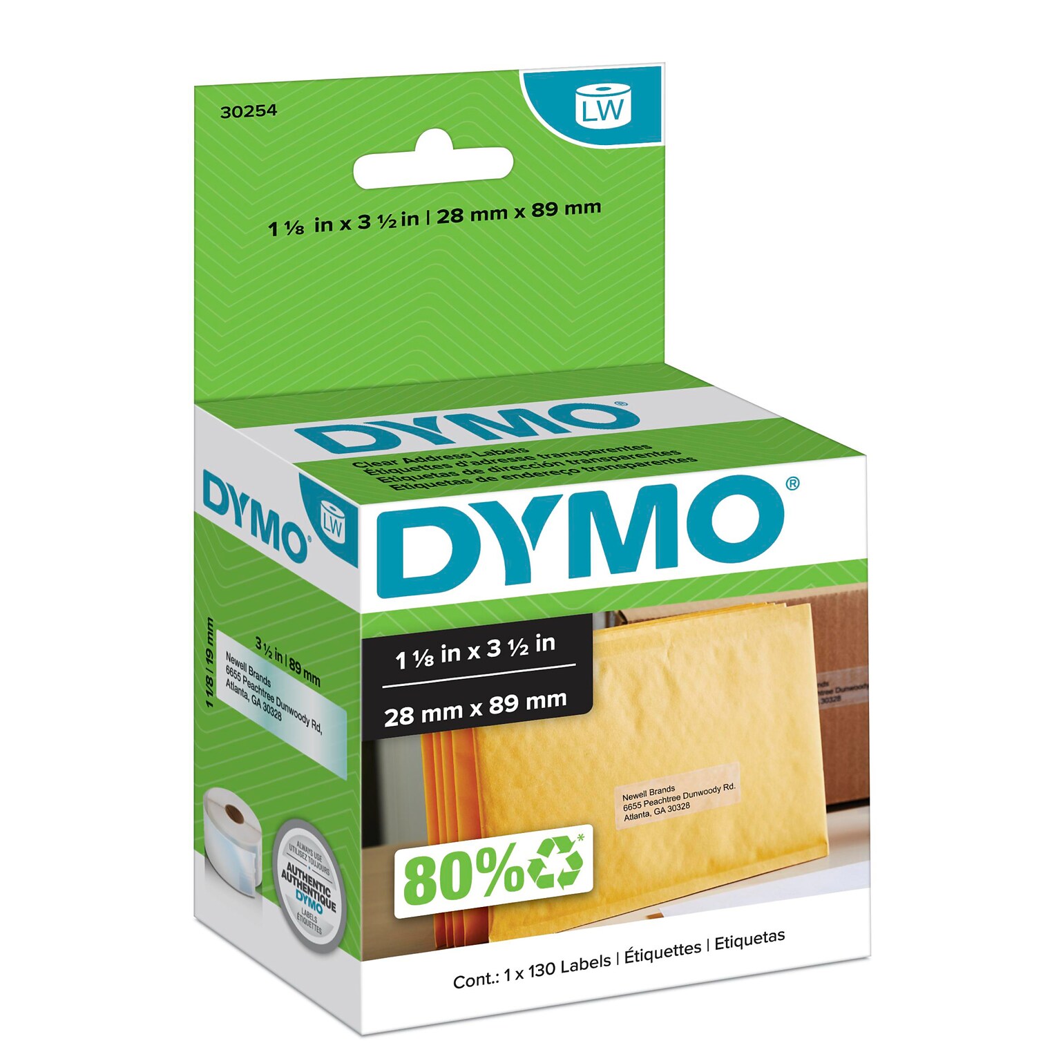 DYMO LabelWriter 30254 Mailing Address Labels, 3-1/2 x 1-1/8, Black on Clear, 130 Labels/Roll (30254)