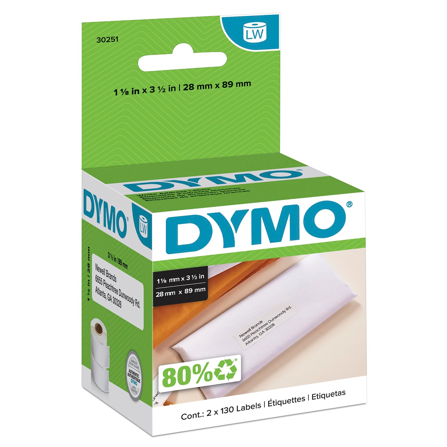 DYMO LabelWriter 30251 Mailing Address Labels, 3-1/2 x 1-1/8, Black on White, 130 Labels/Roll, 2 Rolls/Box (30251)