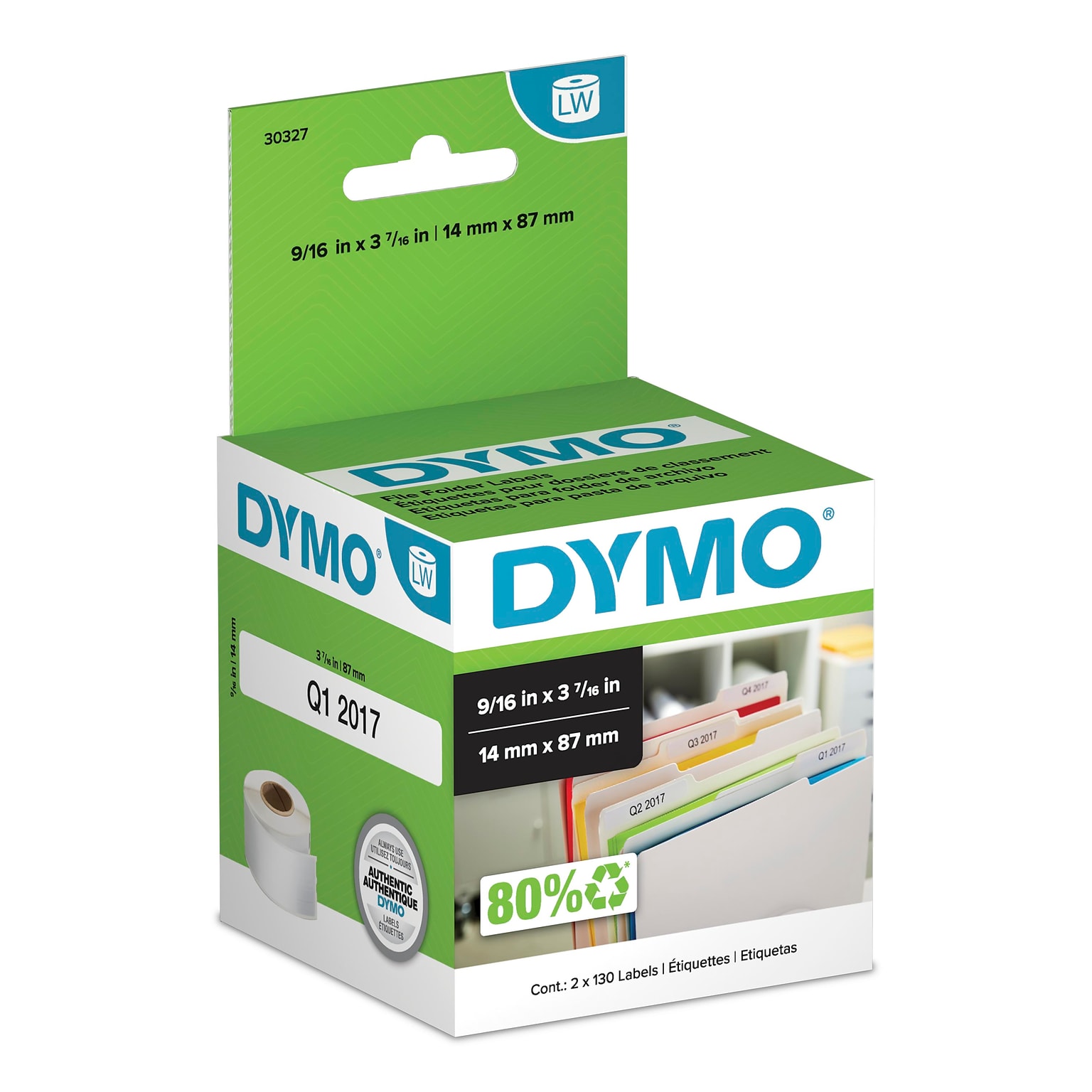 DYMO LabelWriter 30327 File Folder Labels, 3-7/16 x 9/16, Black on White, 130 Labels/Roll, 2 Rolls/Box (30327)