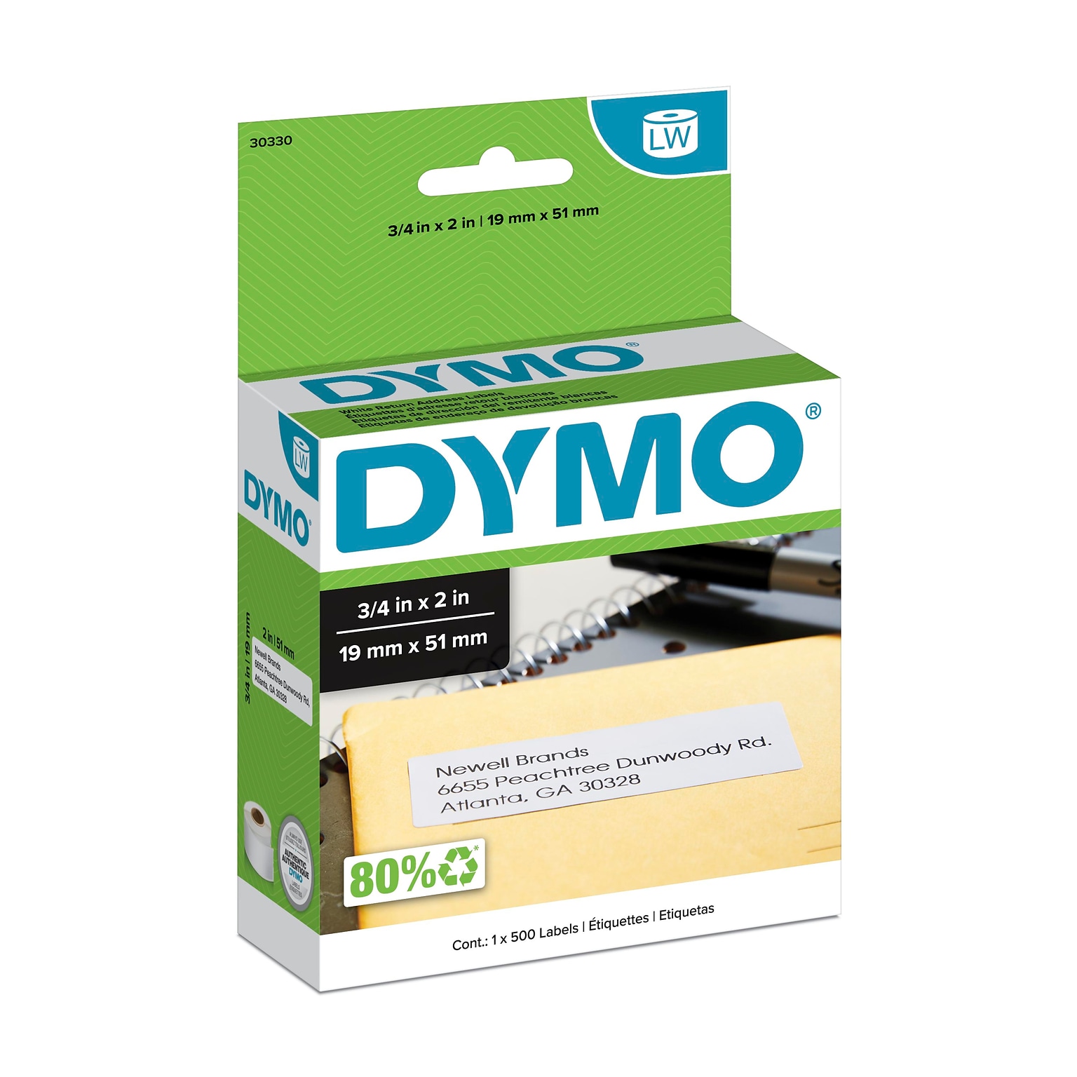 DYMO LabelWriter 30330 Return Address Labels, 2 x 3/4, Black on White, 500 Labels/Roll (30330)