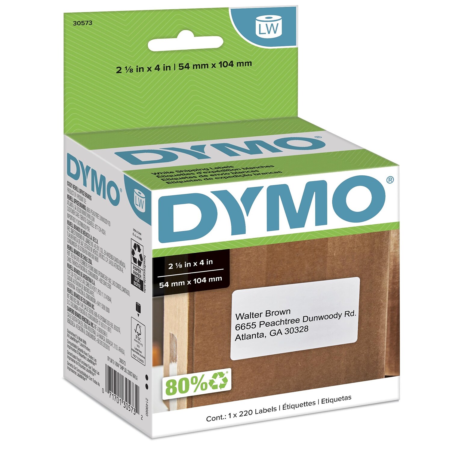 Dymo LabelWriter Shipping 30573 Label Printer Labels, 2.13W, Black On White, 220/Roll