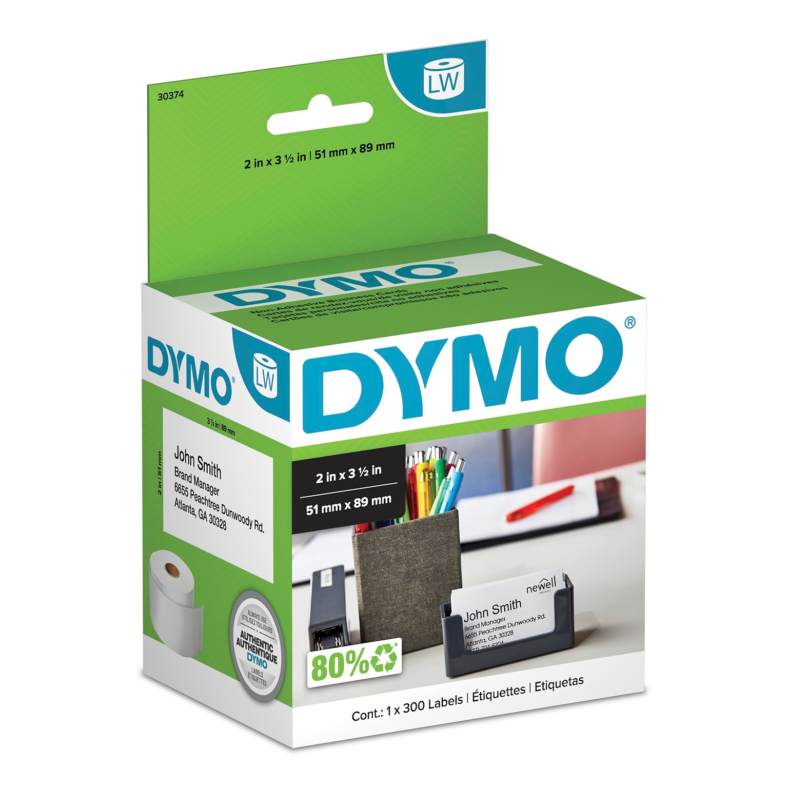 DYMO LabelWriter 30374 Non-Adhesive Business Cards, 3-1/2 x 2, Black on White, 300 Labels/Roll (30374)