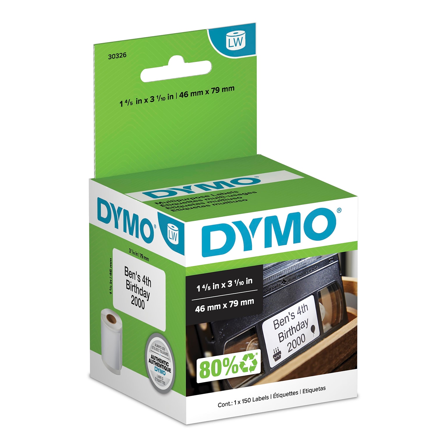 Dymo LabelWriter Video Top 30326 Label Printer Labels, 1.8W, Black On White, 150/Box