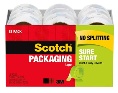 Scotch Sure Start Packing Tape, 6.063 x 54.6 yds., Clear, 18/Pack (3450-18CP)