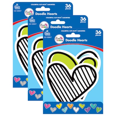 Carson Dellosa Education Kind Vibes Doodle Hearts Cut-Outs, 36 Per Pack, 3 Packs (CD-120617-3)
