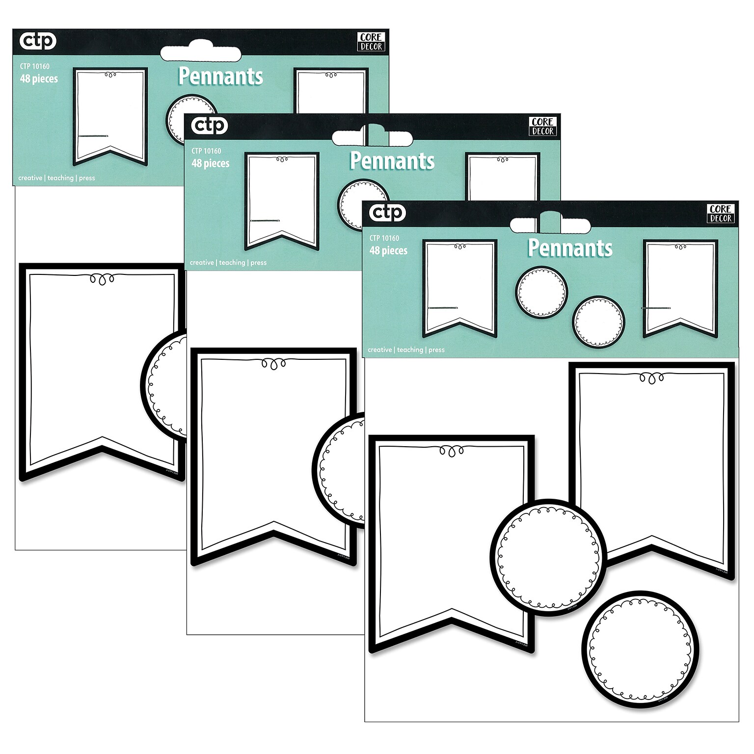 Creative Teaching Press Pennants 6 Inch Designer Cut-Outs, 48 Per Pack, 3 Packs (CTP10160-3)