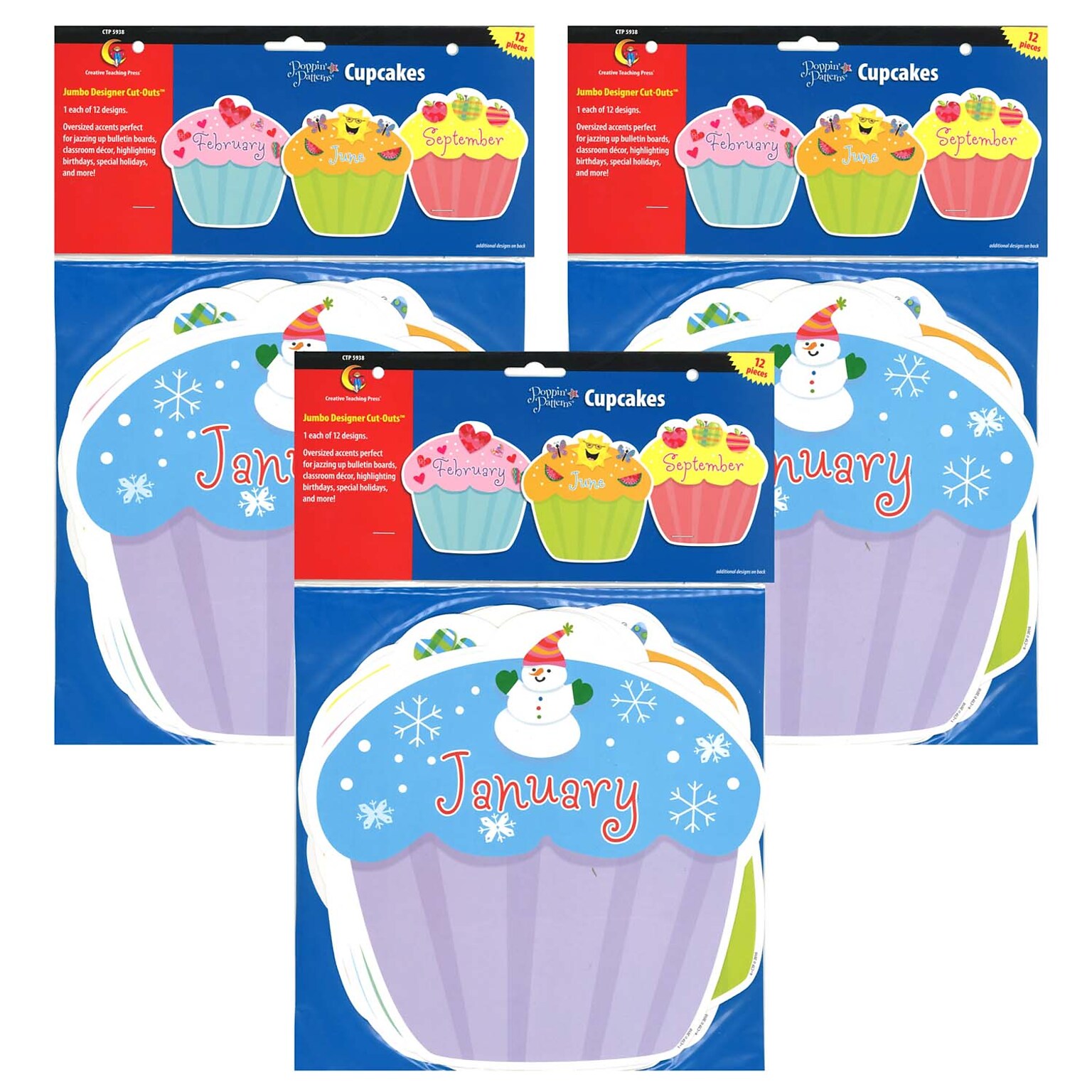 Creative Teaching Press Designer Cut-Outs, Month Cupcakes, 10, 12 Per Pack, 3 Packs (CTP5938-3)