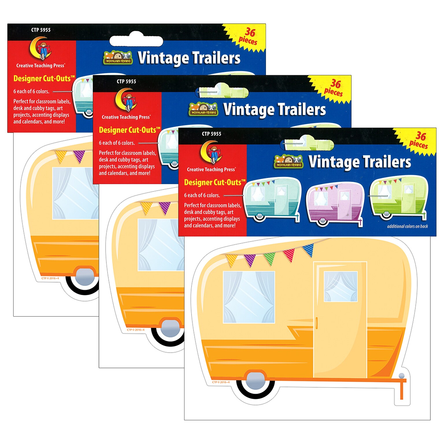 Creative Teaching Press Woodland Friends Vintage Trailers 6 Designer Cut-Outs, 36 Per Pack, 3 Packs (CTP5955-3)