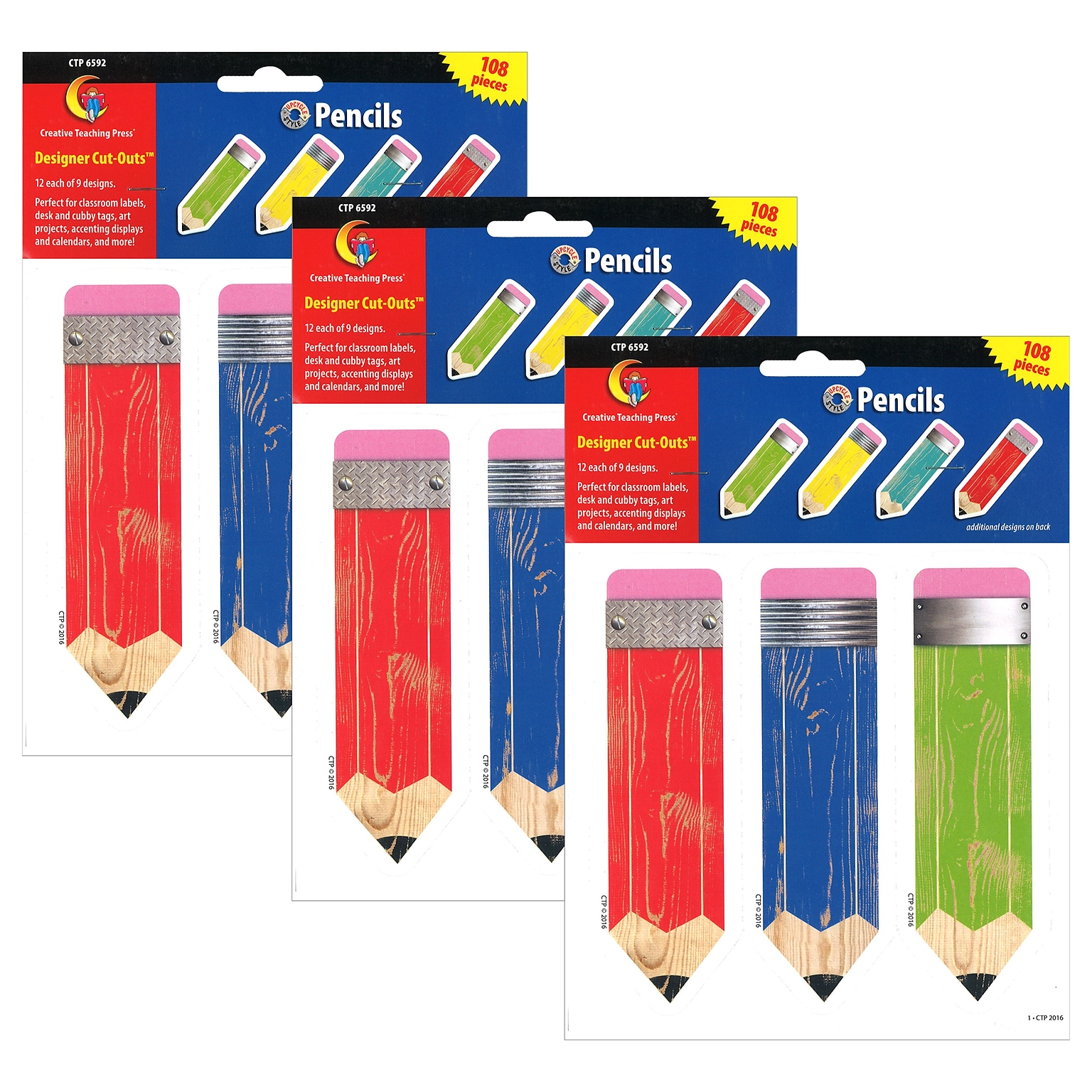 Creative Teaching Press Upcycle Style Pencils 6 Designer Cut-Outs, 108 Per Pack, 3 Packs (CTP6592-3)