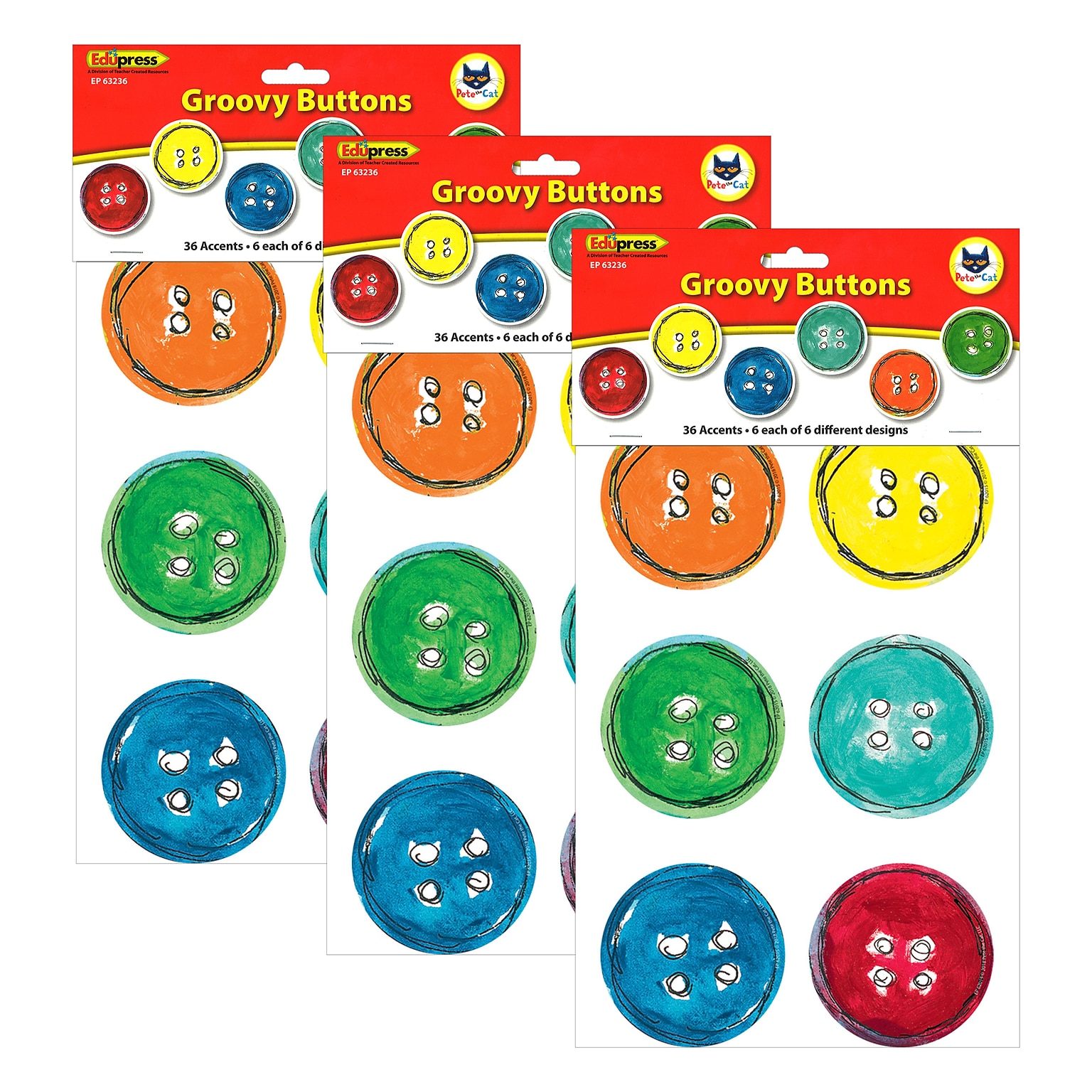 Edupress™ Pete the Cat Groovy Buttons Accents, 36 Per Pack, 3 Packs (EP-3236-3)