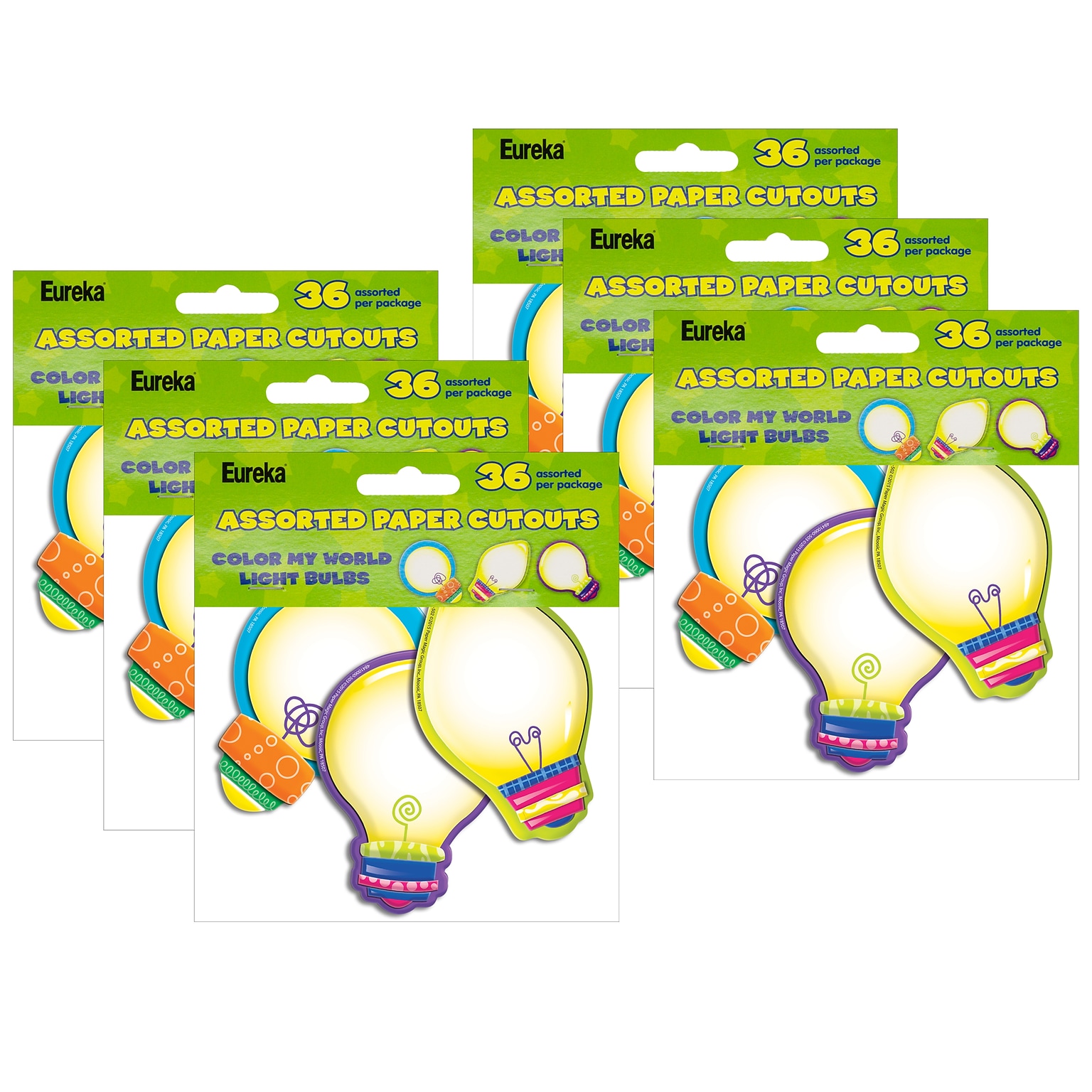 Eureka Color My World Light Bulbs Assorted Paper Cut Outs, 36 Per Pack, 6 Packs (EU-841006-6)