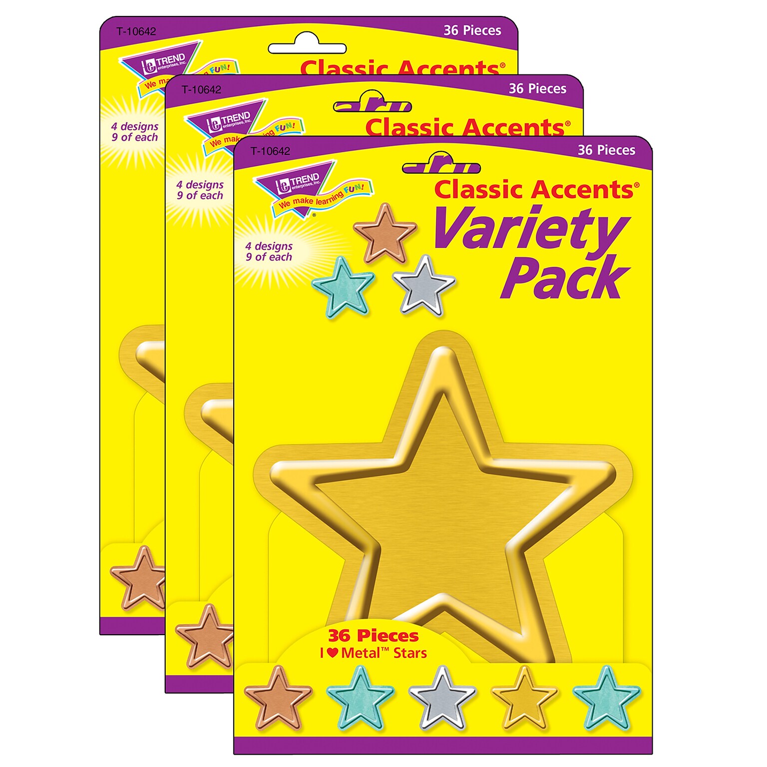 TREND I ? Metal™ Stars Classic Accents Variety Pack, 36 Per Pack, 3 Packs (T-10642-3)