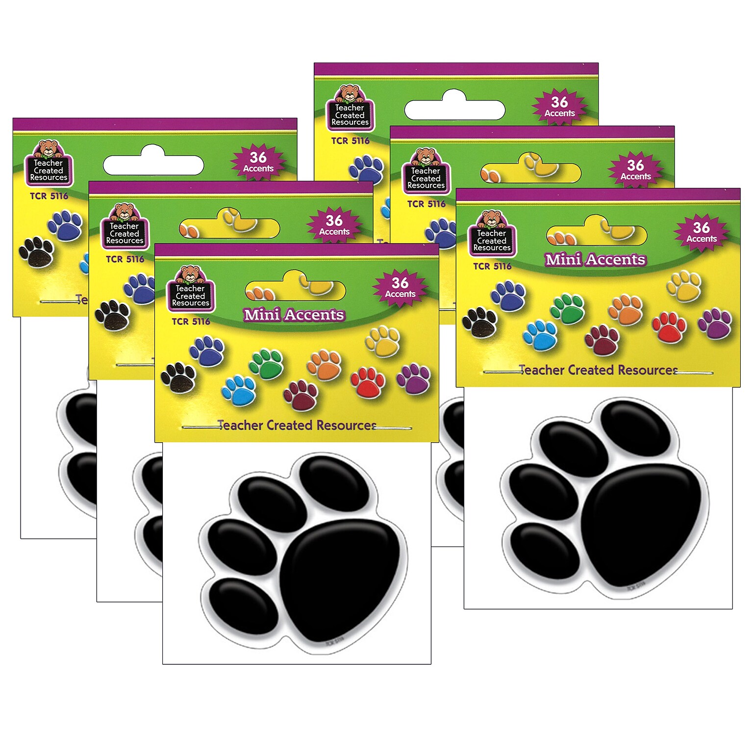 Teacher Created Resources Colorful Paw Prints Mini Accents, 36 Per Pack, 6 Packs (TCR5116-6)