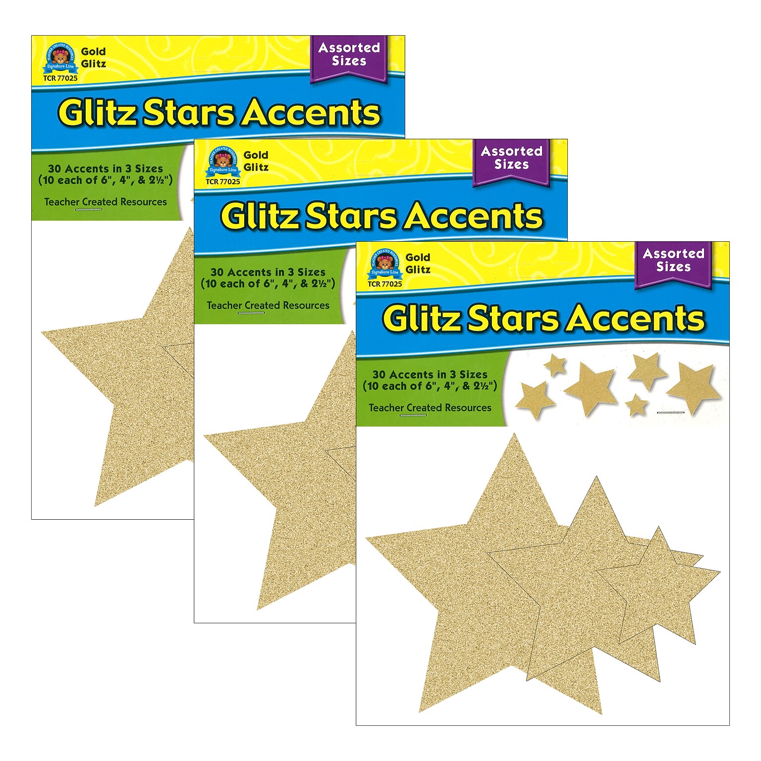 Teacher Created Resources Gold Glitz Stars Accents, Assorted Sizes, 30 Per Pack, 3 Packs (TCR77025-3)