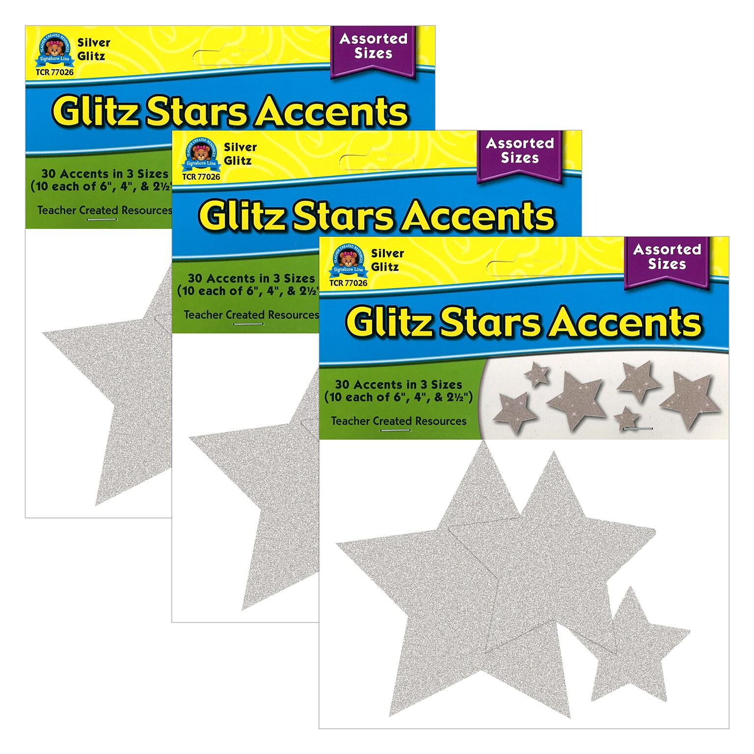 Teacher Created Resources Silver Glitz Stars Accents, Assorted Sizes, 30 Per Pack, 3 Packs (TCR77026-3)
