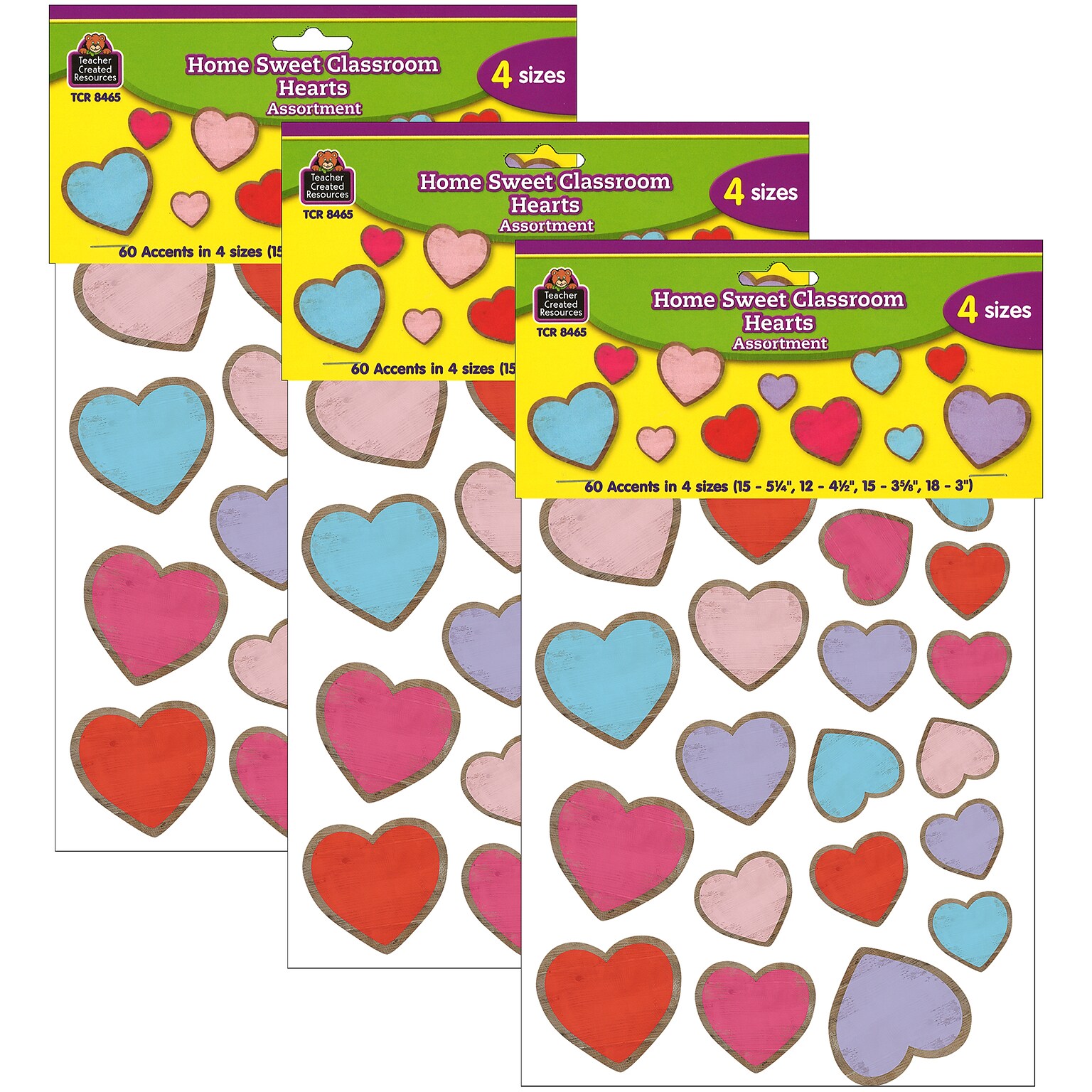 Teacher Created Resources Home Sweet Classroom Hearts Accents, Assorted Sizes, 60 Per Pack, 3 Packs (TCR8465-3)