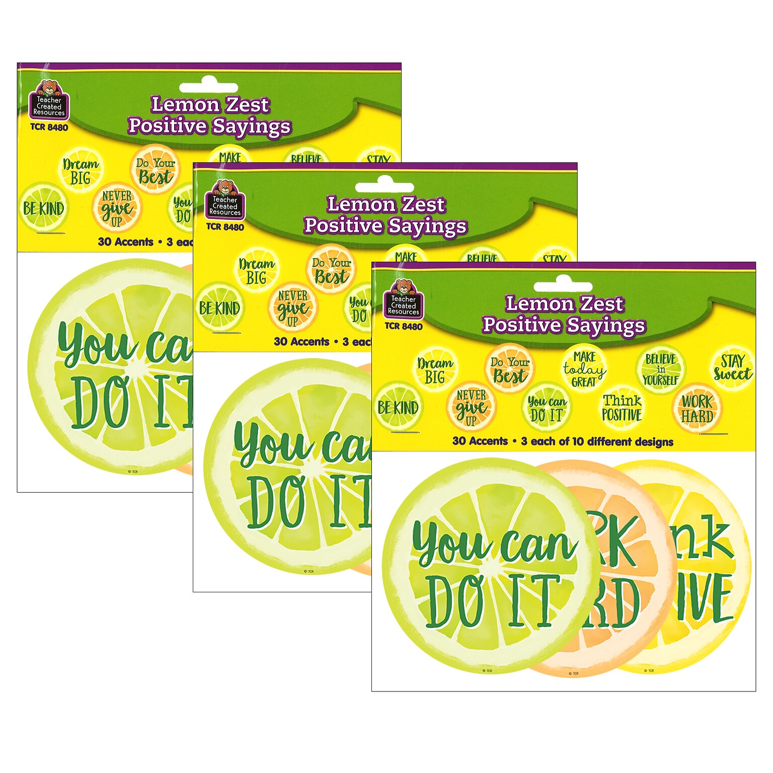 Teacher Created Resources Lemon Zest Positive Saying Accents, 30 Per Pack, 3 Packs (TCR8480-3)
