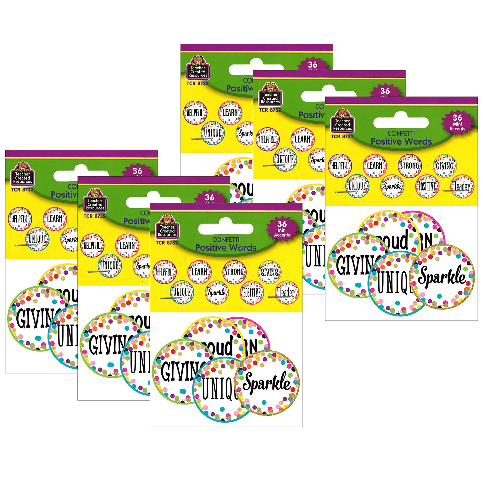 Teacher Created Resources Confetti Positive Words Mini Accents, 36 Per Pack, 6 Packs (TCR8732-6)