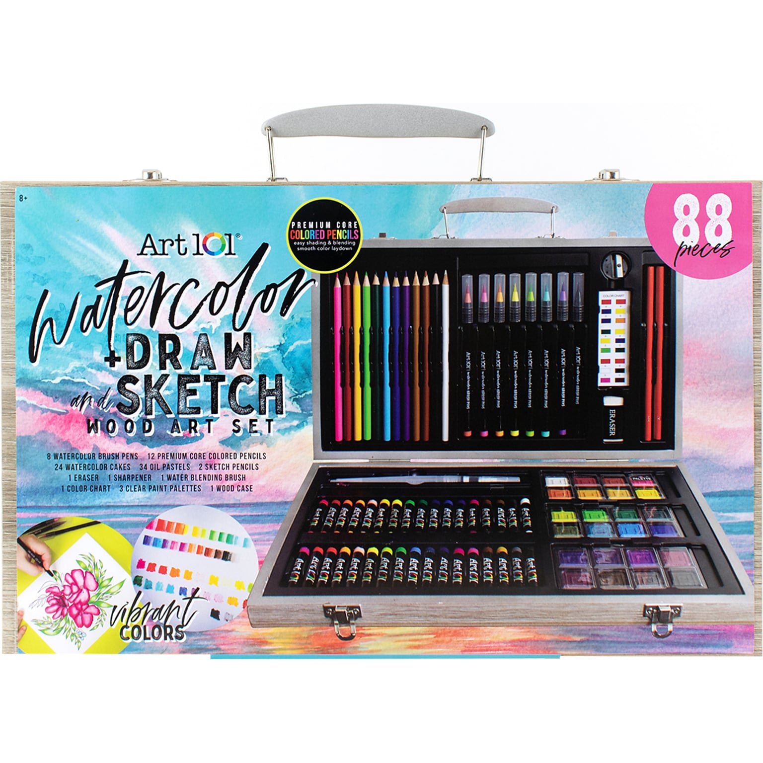 Art 101 Watercolor Draw and Sketch Drawing Kit, Assorted Colors, 88 Pieces (53088)