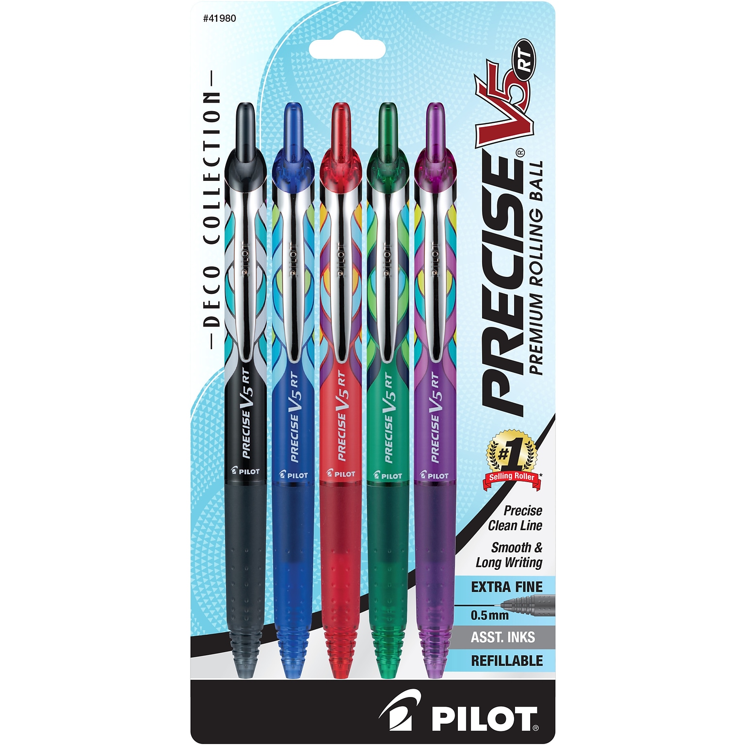 Pilot Precise V5 RT Deco Collection Retractable Rollerball Pens, Extra Fine Point, Assorted Ink, 5/Pack (41980)