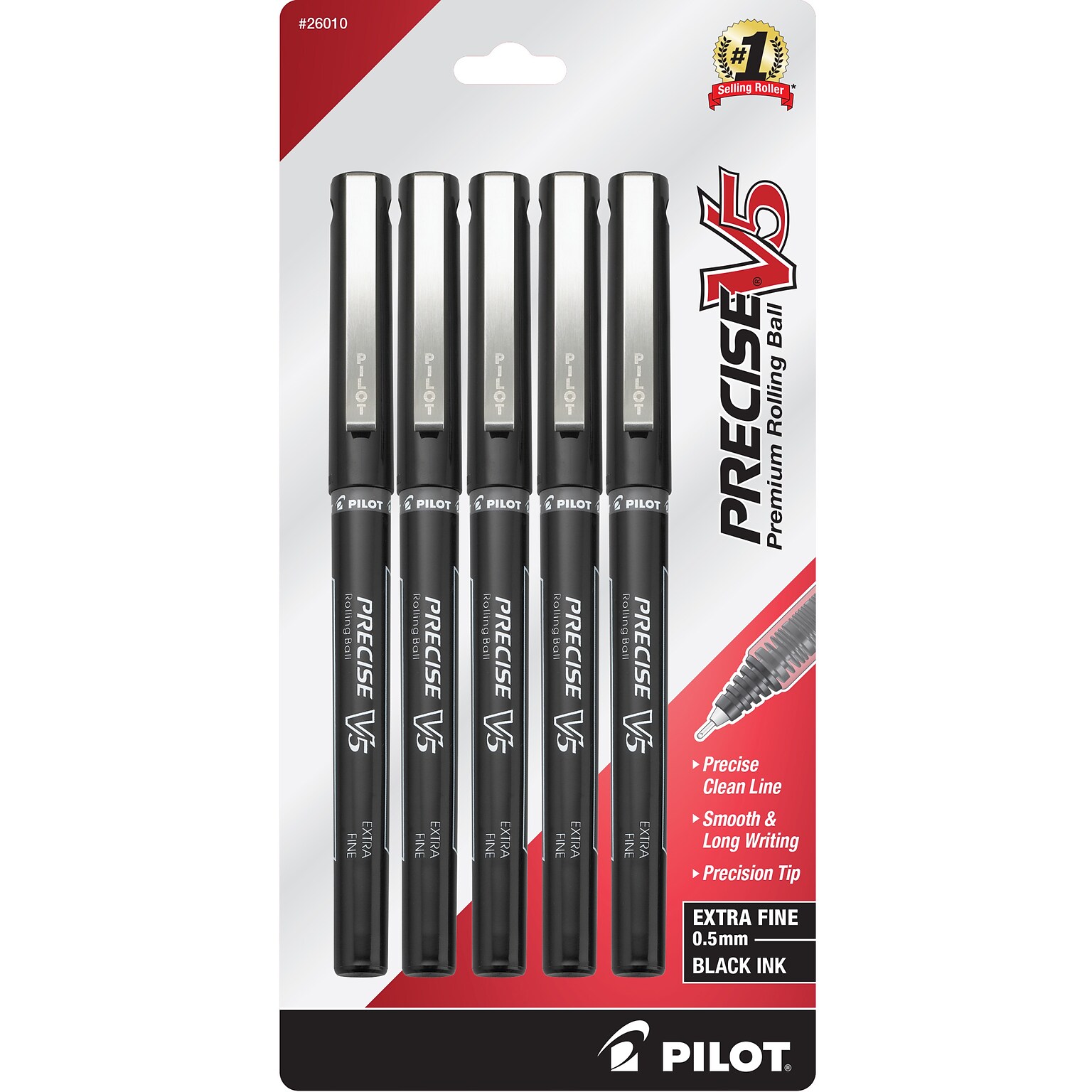 Pilot Precise V5 Rollerball Pens, Extra Fine Point, Black Ink, 5/Pack (26010)