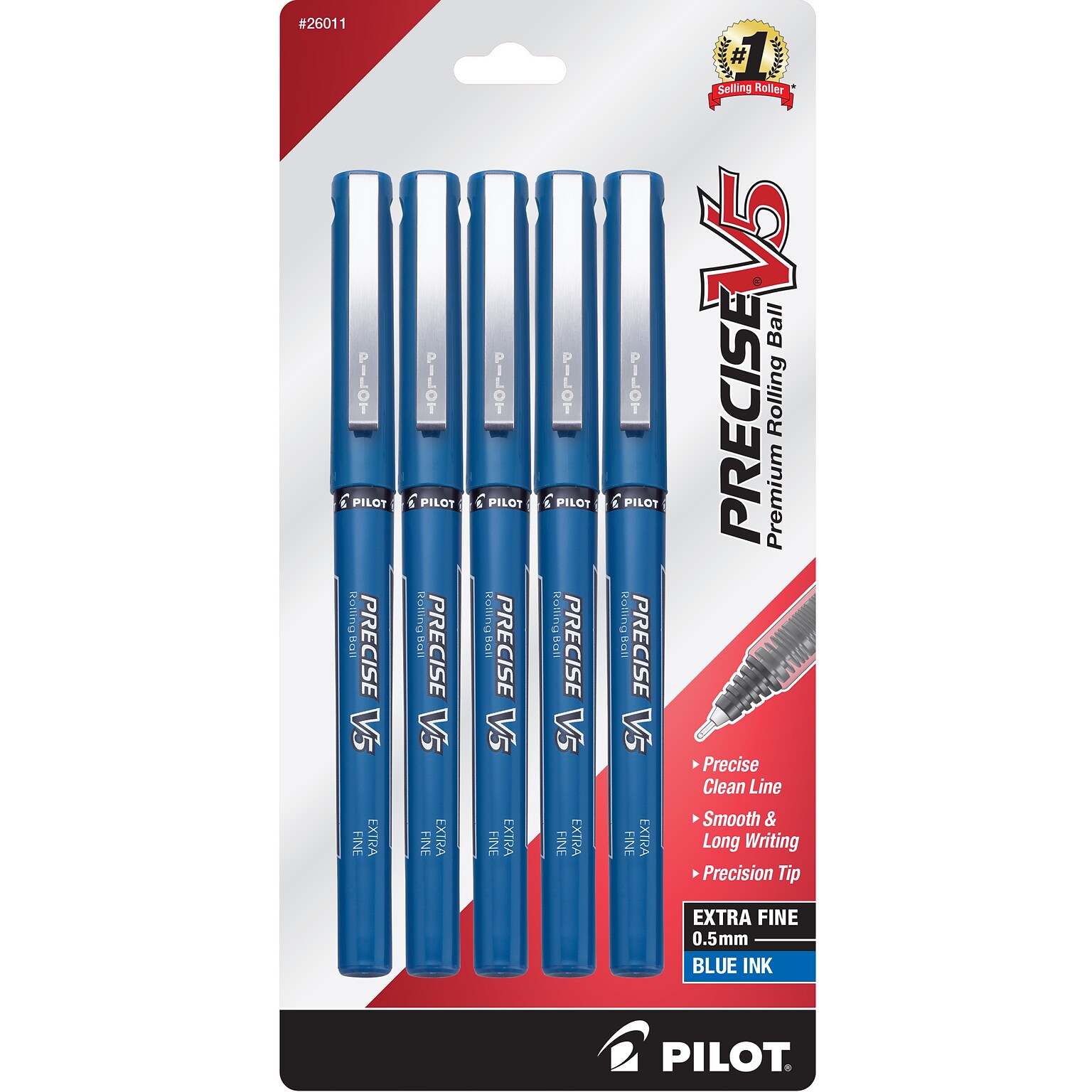 Pilot Precise V5 Rollerball Pens, Extra Fine Point, Blue Ink, 5/Pack (26011)